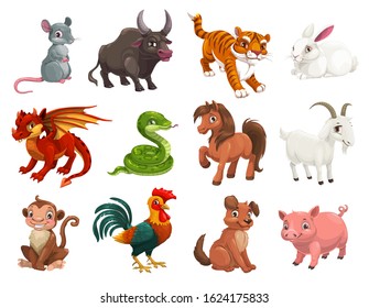 Chinese Lunar New Year animals, zodiac horoscope cartoon vector characters. Cute rat or mouse, dragon and pig, dog, tiger, rooster or chicken, horse, snake, monkey, ox, rabbit, goat or sheep signs