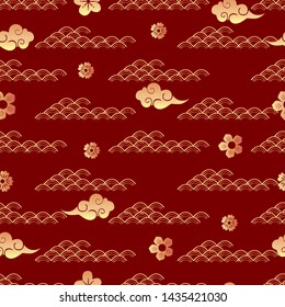 Chinese lunar new year background. Rat - symbol 2020 New Year. Cloud, rat, sakura. Vector illustration for wrapping, poster, greeting cards, wallpaper. 