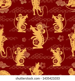 Chinese lunar new year background. Rat - symbol 2020 New Year. Cloud, rat, sakura. Vector illustration for wrapping, poster, greeting cards, wallpaper. 