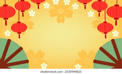 Chinese Lunar New Year Background with copy space in center. with lampion, fan, cherry blossom flower