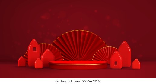 Chinese lunar New Year background. Podium product presentation, abstract red houses, Chinese fan. Festive card with decoration element. Cartoon vector illustration