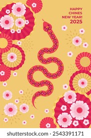 Chinese Lunar New Year. Beautiful festive decorative background with a snake, a composition of fans and flowers. Poster, postcard, flyer, banner