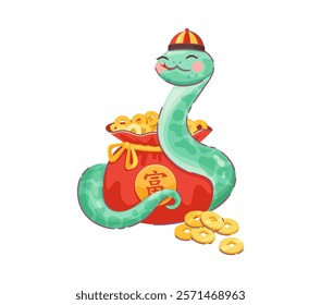 Chinese Lunar New Year cartoon snake character curled around red money bag full of gold coins, adorned with a ribbon and hieroglyphs. Festive reptile animal symbolizing wealth and prosperity for 2025