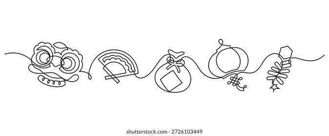chinese lunar new year continuous line drawing decorative ornament minimalism. chinese element: lion dancing,paper fan,money bag,paper lantern and firecracker