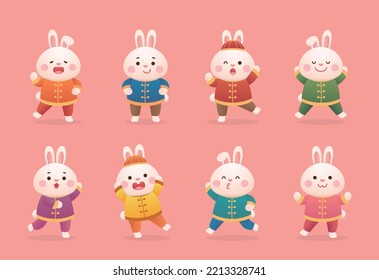 Chinese lunar new year with cute rabbit character or mascot, traditional chinese dress, 2023 rabbit year design, vector cartoon style, set