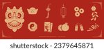Chinese lunar new year decoration element set on red background, vector illustration flat design 