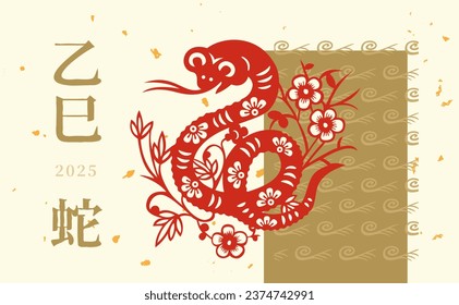 Chinese, Lunar new year decoration and paper cut art. 12 zodiac template. Greeting card pattern, background. Asia traditional frame, border and ornament. chinese words means "2025 year of the snake".