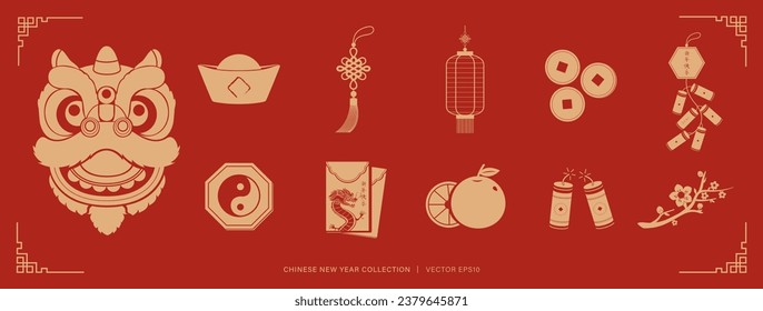 Chinese lunar new year decoration element set on red background, vector illustration flat design 