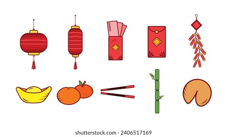 Chinese lunar new year decoration asset full colored vector illustration icon set collection outlined isolated on plain horizontal white background with simple flat cartoon art styled.