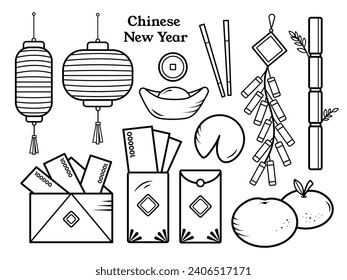 Chinese lunar new year decoration asset vector illustration icon set isolated on plain white background. Gong xi fa cai. Imlek cartoon outlined monochrome art styled drawing.