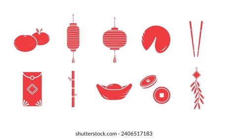 Chinese lunar new year decoration asset vector illustration icon set collection red silhouette shadow isolated on plain horizontal white background. Gong xi fa cai cartoon art styled drawing.