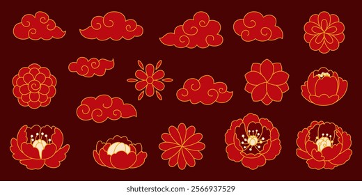 Chinese Lunar New Year Decoration Set. Collection of design elements - flowers and clouds in traditional Chinese style. For holiday cards, banners, posters and more. Red and gold colors.