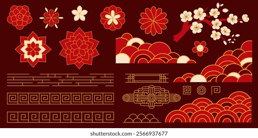 Chinese Lunar New Year design elements set. Clouds, flowers, geometric patterns in Chinese traditional style. For banners, posters, cards and other design.