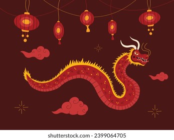 Chinese Lunar New Year, year of the Dragon zodiac sign, hanging paper lanterns, oriental clouds, red lamps decorations, Happy Vietnamese new year, Japanese dragon vector illustration