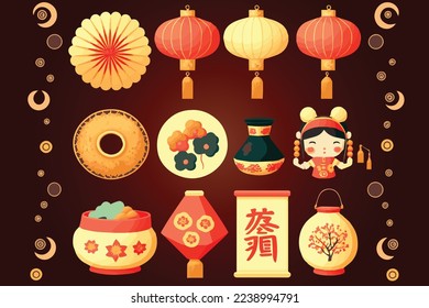 Chinese Lunar New Year Elements Decoration Water Color Style in Set of Vector