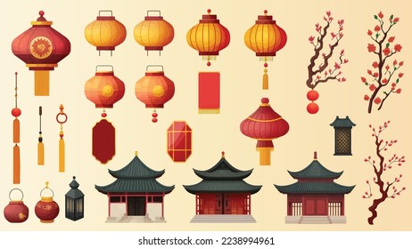 Chinesisches New Year Elements Decoration (Lantern, Regenschirm, Kirschblümabzweige) in einer Reihe von Vektorgrafiken