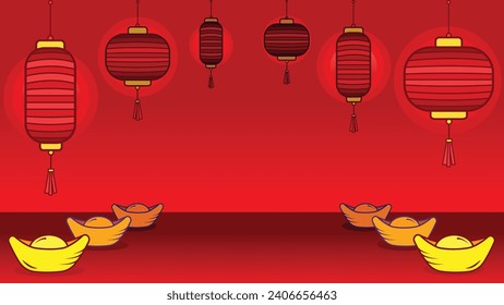 Chinese lunar new year empty copy space background with no text. Lanterns and sycee gold ingot decorative vector illustration for website wallpaper, social media backdrop, prints, and other purposes