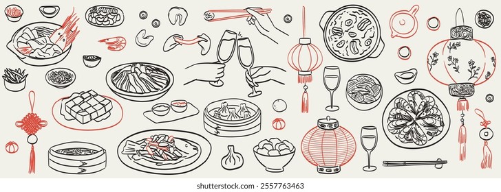 Chinese lunar new year eve dinner served table. Happy reunion. Good luck wishes and seafood and meat with vegetable dishes in ink doodle style for icons or cafe or restaurant menu and greetings.