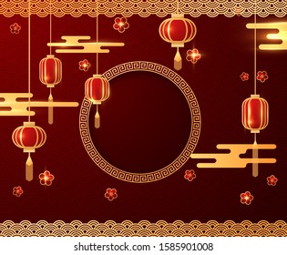 Chinese lunar new year festival holiday background template in traditional red and gold colors. Golden decorative elements backdrop with asian coluds and oriental lanterns in paper cut out style