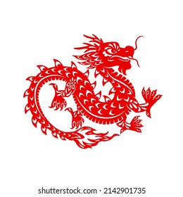 Chinese Lunar New Year festival dragon vector design. Dancing dragon of animal zodiac horoscope symbol, isolated red paper cut monster or oriental mythology with flower ornaments and fire flames