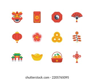 Chinese lunar new year flat color icon set with China related icons