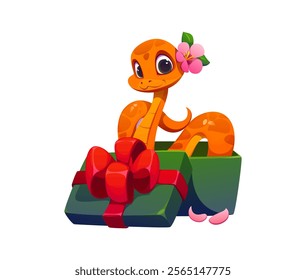 Chinese Lunar New Year funny cartoon snake character adorned with a flower sitting in the gift box with a red bow, surprise for the 2025 celebration. Vector cheerful and friendly reptile zodiac snake