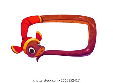 Chinese lunar new year funny cartoon snake with banner. Vector playful brown reptile zodiac animal with red and gold hat coiled into a rectangular frame for festive CNY greetings or party decorations