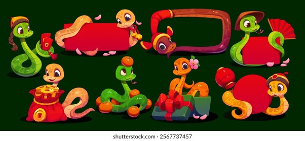 Chinese lunar new year funny cartoon snakes with banners and decorations. Vector reptiles with red money envelopes, mandarin fruits, gold coins and festive props like gifts, fans, and frames for Cny