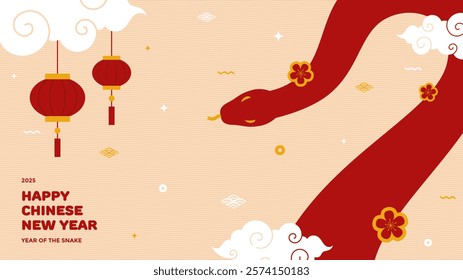 Chinese Lunar New Year greeting template with red snake and hanging lantern. Year of the snake background illustration