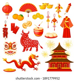 Chinese Lunar New Year holiday symbols. Lucky and wealth amulets, firework, clothing and  bull, dragon and temple vector icons. Text - Hayy Lunar Year