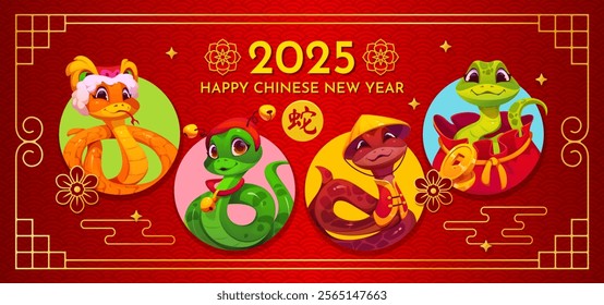 Chinese lunar new year holiday banner with funny cute snake characters in circular frames on red textured background with gold accents, floral patterns and traditional symbols of prosperity for 2025