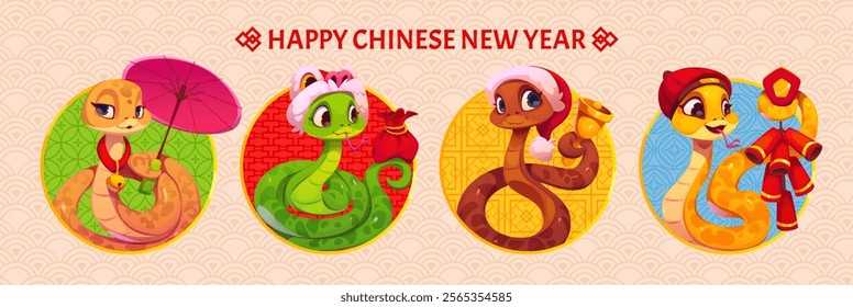 Chinese lunar new year holiday banner with funny snake characters. Vector Cny 2025 collage with cute cartoon reptiles in round frames with festive umbrella, money purse, Christmas bell and firecracker