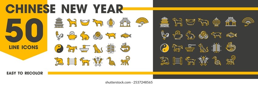 Chinese lunar new year icons of zodiac signs and luck symbols, line vector. Chinese lunar new year and China holiday icons of horoscope animals, dragon and temple, fireworks and carp or Yin Yang sign