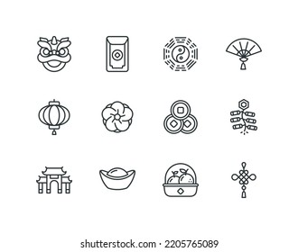 Chinese lunar new year line icon set with China related icons