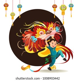 Chinese Lunar New Year Lion Dance Fight isolated on white background, happy dancer in china traditional costume holding colorful dragon mask on parade or carnival, cartoon style vector illustration