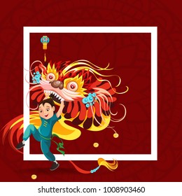 Chinese Lunar New Year Lion Dance Fight isolated on red background, happy dancer in china traditional costume holding colorful dragon mask on parade or carnival, cartoon style vector illustration
