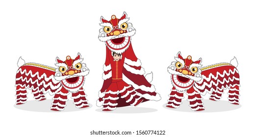 Chinese Lunar New Year Lion Dance Fight isolated with cartoon character design on white background vector 