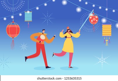 Chinese Lunar New Year People dancing, happy dancer in china traditional costume holding lanterns and drums on parade or carnival, characters in cartoon style vector illustration