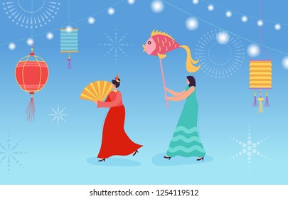 Chinese Lunar New Year People dancing, happy dancer in china traditional costume holding lanterns and drums on parade or carnival, characters in cartoon style vector illustration