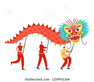 Chinese Lunar New Year People holding Dragon, wearing china traditional costume on parade or carnival. Characters in cartoon style vector illustration