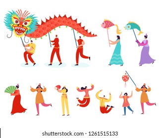 Chinese Lunar New Year People holding Dragon. Lion dance women and men characters wearing china traditional costume on parade or carnival. Vector illustration