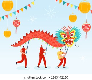 Chinese Lunar New Year People Holding Dragon, Lion Dance Characters Wearing China Traditional Costume On Parade Or Carnival. Vector Illustration