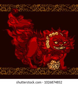 Chinese lunar new year postcard design template with foo dog smiling and holding a ball, ornamental asian style decoration background. Hand drawn rough line graphic art.