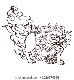 Chinese lunar new year postcard design template with foo dog smiling and holding a ball monochrome line art for coloring book. Hand drawn.
