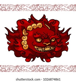 Chinese lunar new year postcard design template with foo dog smiling and holding a ball. Hand drawn rough line graphic art.