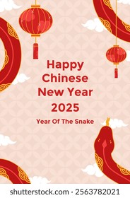 Chinese lunar new year poster template with wavy red snake and hanging traditional Chinese lantern