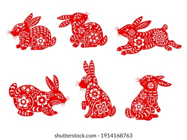 Chinese Lunar New Year rabbit isolated icons with vector animals of Asian zodiac. Red papercut rabbits of lunar calendar horoscope with oriental paper cut flower ornaments, Chinese New Year design