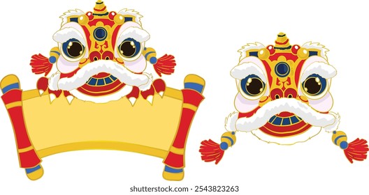 Tarjeta de felicitación del rollo del año Nuevo lunar chino Plantilla Horizontal con cabeza de danza del león. Arte e ilustración.