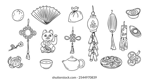 Chinese Lunar New Year set with traditional items. Monochrome vector contour doodle stickers with dumpling, cat, and Chinees lanterns isolated on white background. Sketchy drawing for Asian holiday.