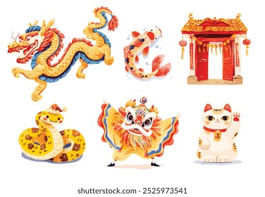 Chinese Lunar New Year Snake 2025, clipart set vector